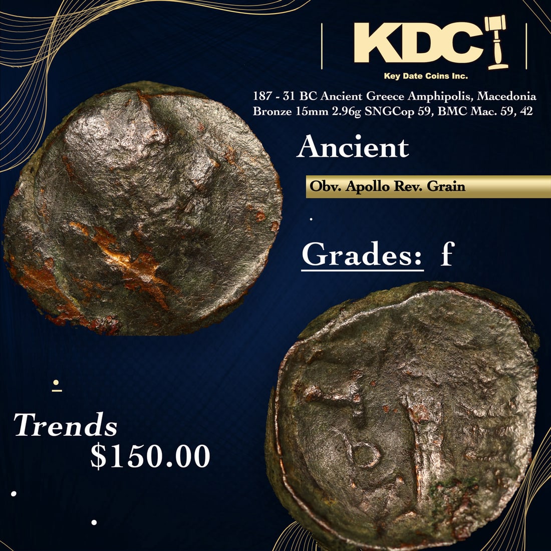 187 - 31 BC Ancient Greece Amphipolis, Macedonia Bronze 15mm 2.96g Ancient SNGCop 59, BMC Mac. 59,: 187 - 31 BC Ancient Greece Amphipolis, Macedonia Bronze 15mm 2.96g SNGCop 59, BMC Mac. 59, 42 Ancient Grades F.