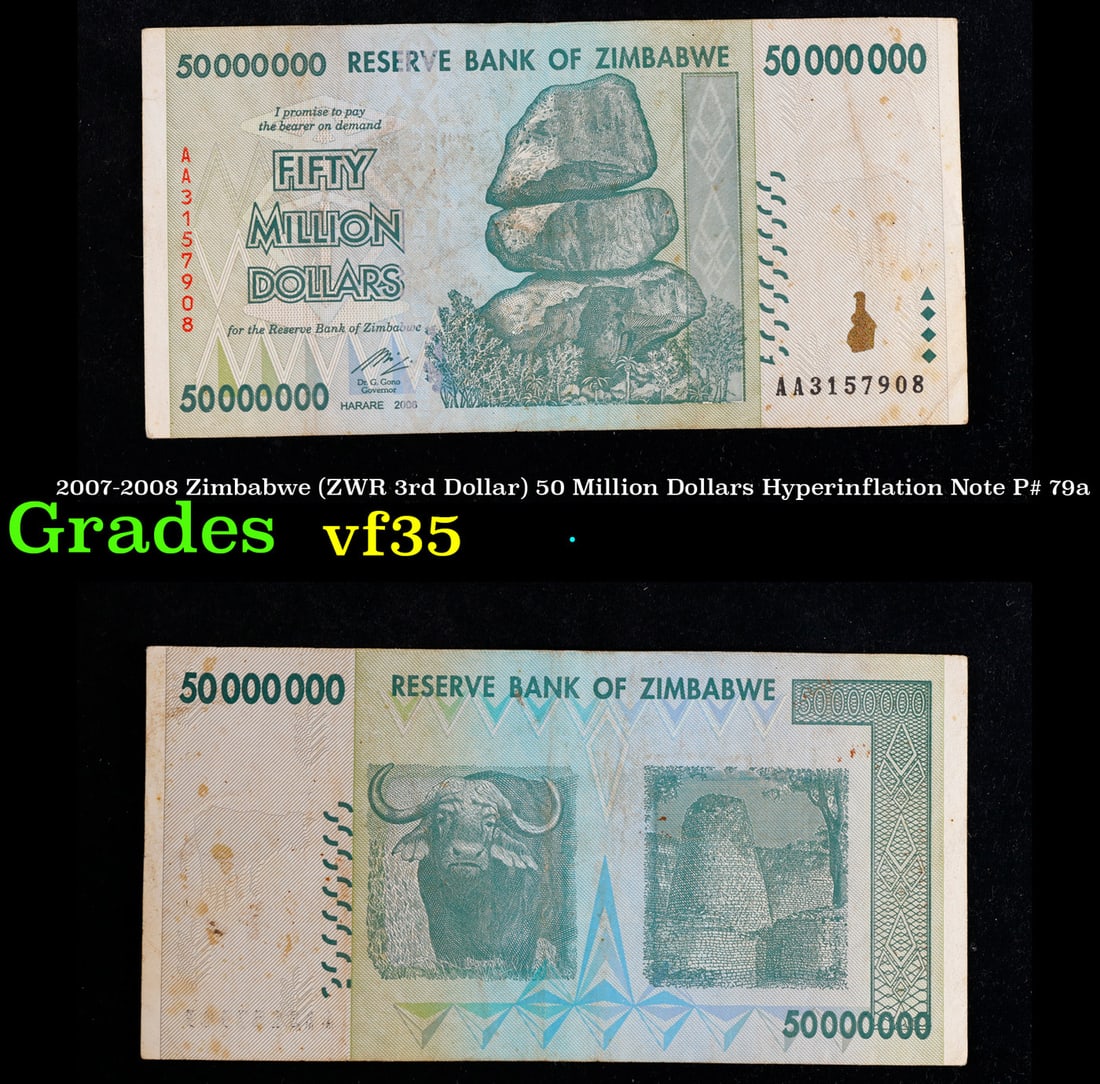 2007-2008 Zimbabwe (ZWR 3rd Dollar) 50 Million Dollars Hyperinflation Note P# 79a Grades vf++: 2007-2008 Zimbabwe (ZWR 3rd Dollar) 50 Million Dollars Hyperinflation Note P# 79a Grades vf++.
