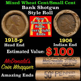 Small Cent Mixed Roll Orig Brandt McDonalds Wrapper, 1918-p Lincoln Wheat end, 1906 Indian other (1 of 3)