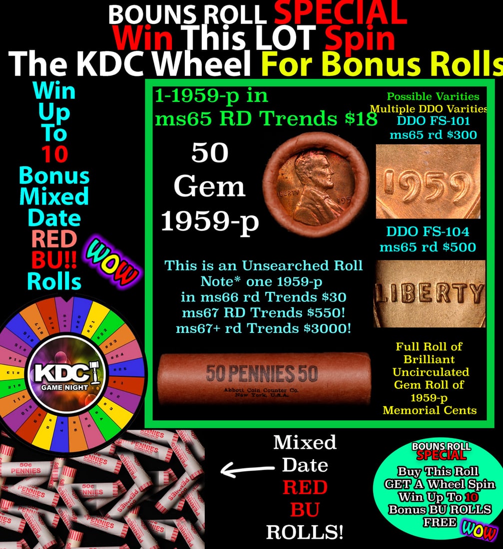 1-10 FREE BU RED Penny rolls with win of this 1959-p SOLID RED BU Lincoln 1c roll incredibly FUN: 1-10 FREE BU RED Penny rolls with win of this 1959-p SOLID RED BU Lincoln 1c roll incredibly FUN wheel. A terrific Shotgun roll of Lincoln cents in a Bank wrapper. Most if not all coins should be cher