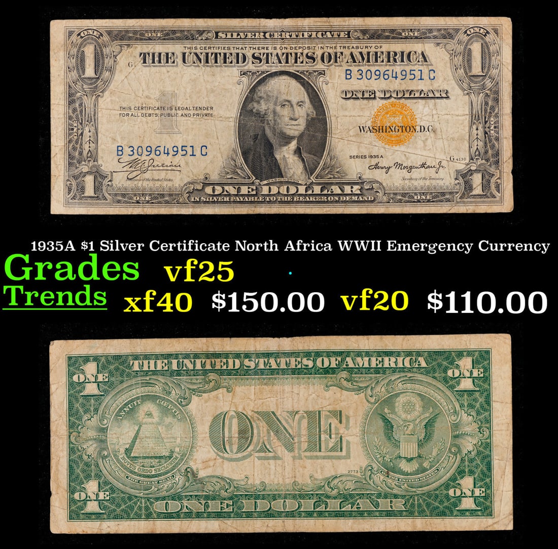 1935A $1 Silver Certificate North Africa WWII Emergency Currency Grades vf+: 1935A $1 Silver Certificate North Africa WWII Emergency Currency Grades vf+.