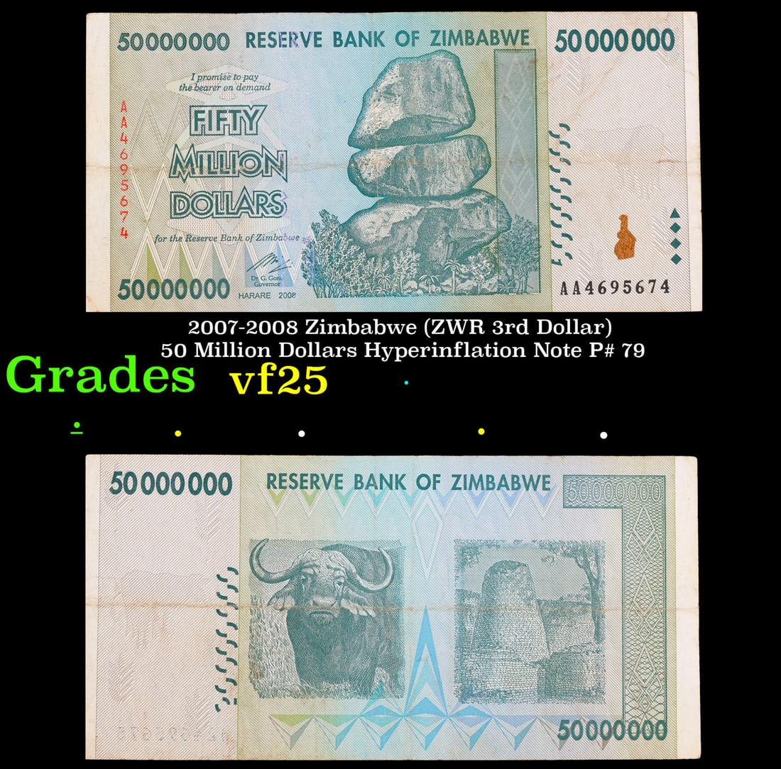 2007-2008 Zimbabwe (ZWR 3rd Dollar) 50 Million Dollars Hyperinflation Note P# 79 Grades vf+: 2007-2008 Zimbabwe (ZWR 3rd Dollar) 50 Million Dollars Hyperinflation Note P# 79 Grades vf+.