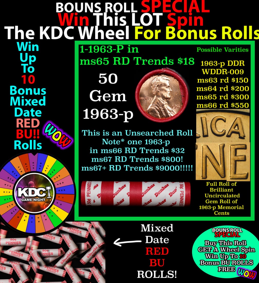 CRAZY Penny Wheel Buy THIS 1963-p solid Red BU Lincoln 1c roll & get 1-10 BU Red rolls FREE WOW (1 of 2)