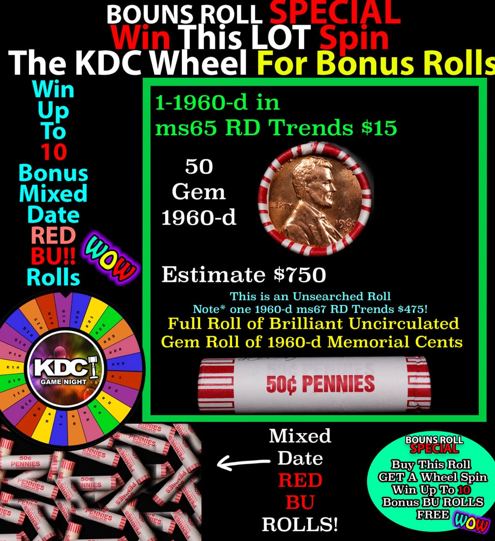 1-10 FREE BU RED Penny rolls with win of this 1960-d SOLID RED BU Lincoln 1c roll incredibly FUN: 1-10 FREE BU RED Penny rolls with win of this 1960-d SOLID RED BU Lincoln 1c roll incredibly FUN wheel. A terrific Shotgun roll of Lincoln cents in a Bank wrapper. Most if not all coins should be cher