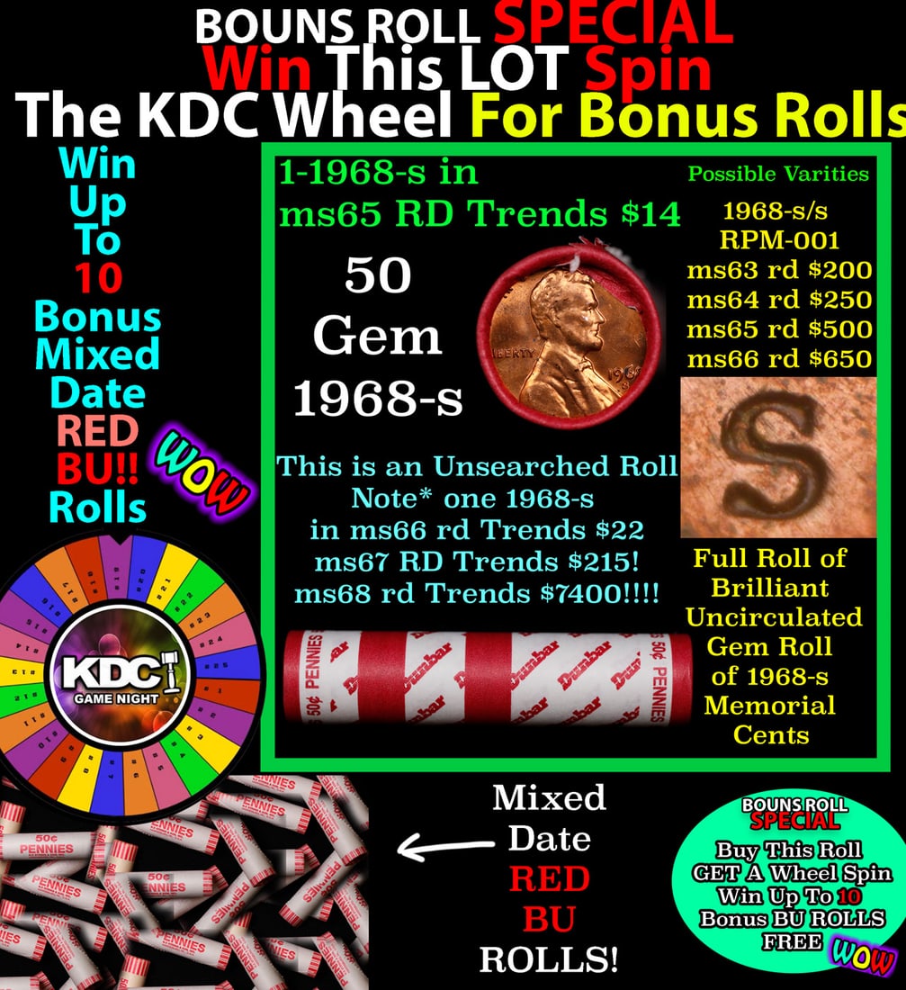 1-10 FREE BU RED Penny rolls with win of this 1968-s SOLID RED BU Lincoln 1c roll incredibly FUN: 1-10 FREE BU RED Penny rolls with win of this 1968-s SOLID RED BU Lincoln 1c roll incredibly FUN wheel. A terrific Shotgun roll of Lincoln cents in a Bank wrapper. Most if not all coins should be cher
