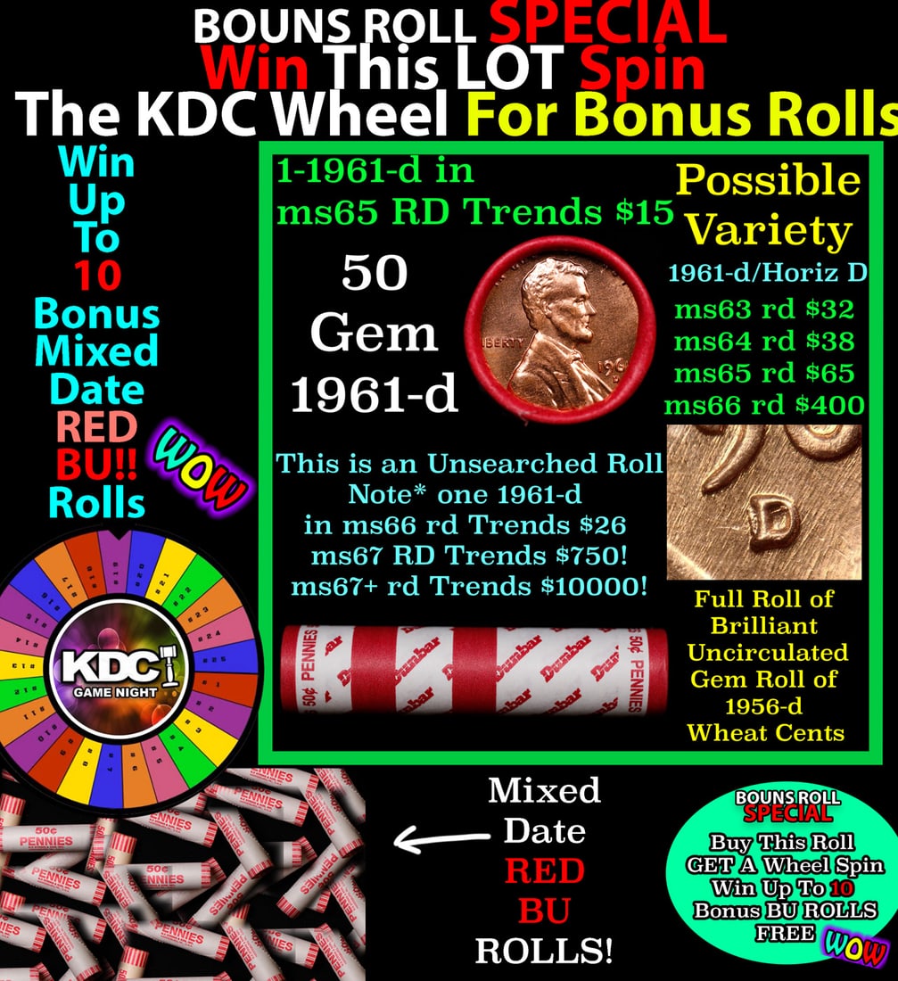 INSANITY The CRAZY Penny Wheel 1000s won so far, WIN this 1961-d BU RED roll get 1-10 FREE Grades (1 of 2)