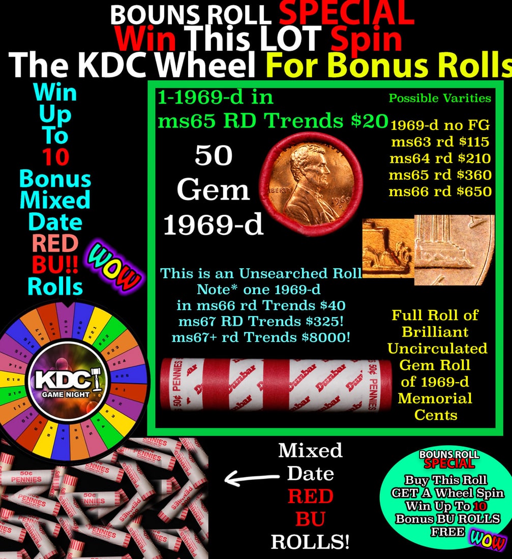 INSANITY The CRAZY Penny Wheel 1000s won so far, WIN this 1969-d BU RED roll get 1-10 FREE Grades (1 of 2)