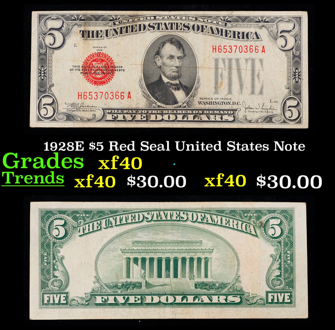 1928E $5 Red Seal United States Note Grades xf (1 of 3)