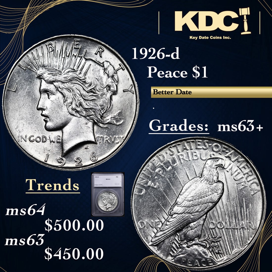 1926-d Peace Dollar 1 Graded ms63+ BY SEGS (1 of 5)