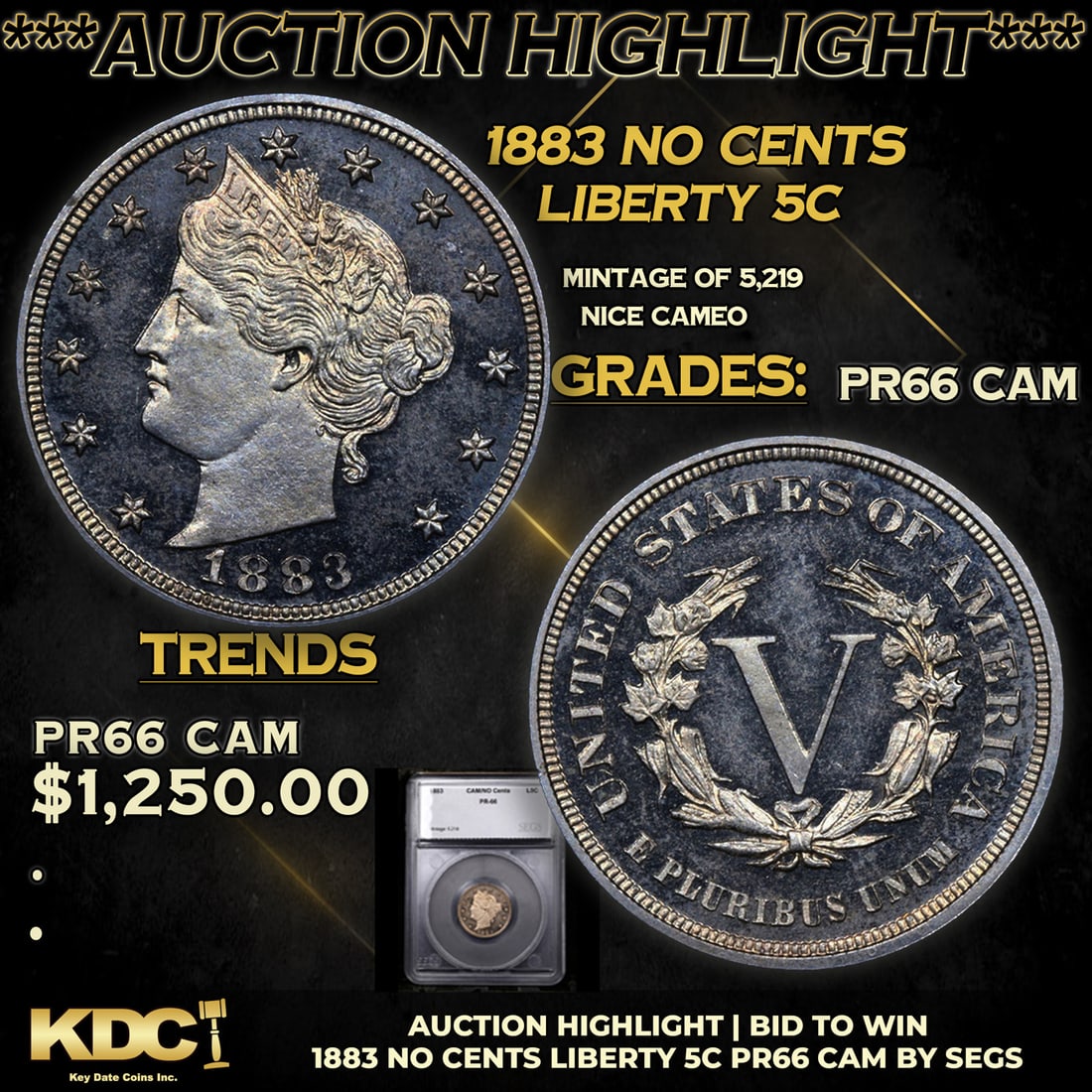 Proof ***Auction Highlight*** 1883 No Cents Liberty Nickel 5c Graded pr66 cam BY SEGS (fc) (1 of 7)