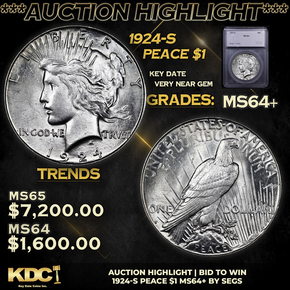 ***Auction Highlight*** 1924-s Peace Dollar 1 Graded ms64+ BY SEGS (fc) (1 of 5)