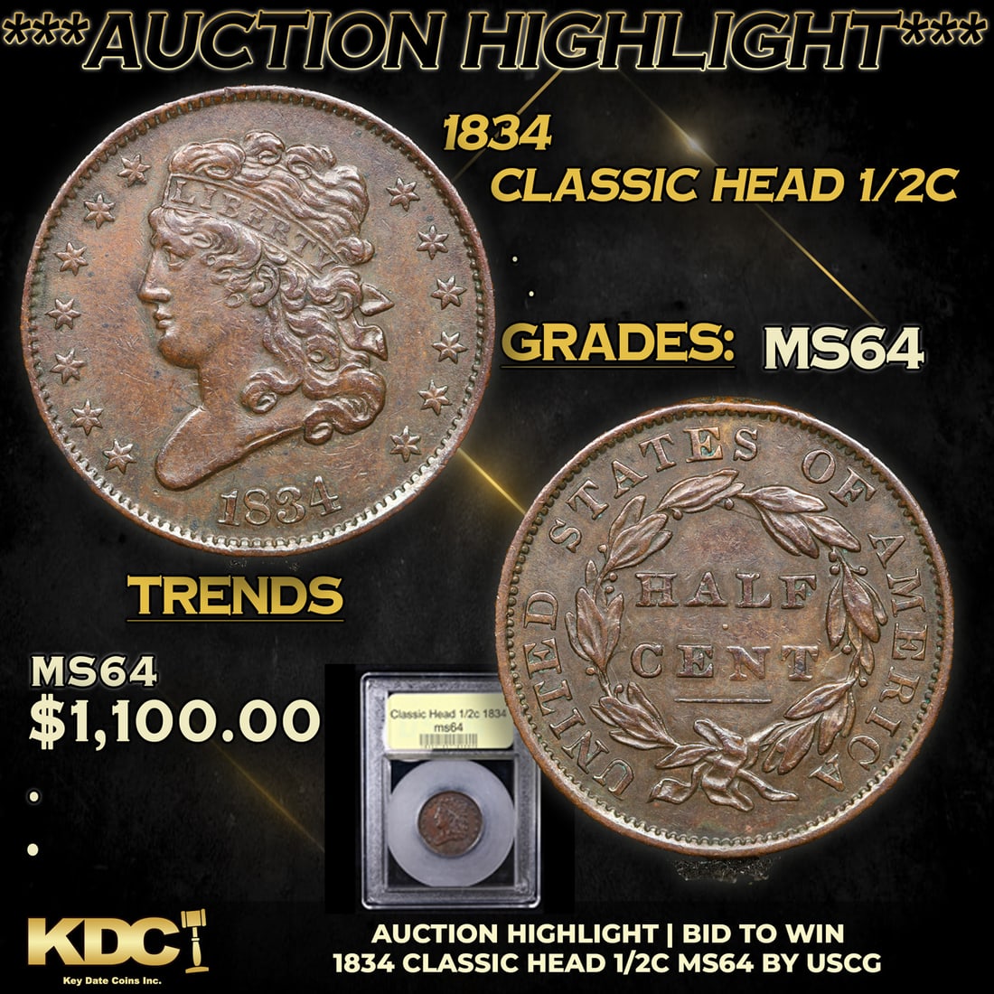 ***Auction Highlight*** 1834 Classic Head half cent 1/2c Graded Choice Unc BY USCG (fc) (1 of 5)