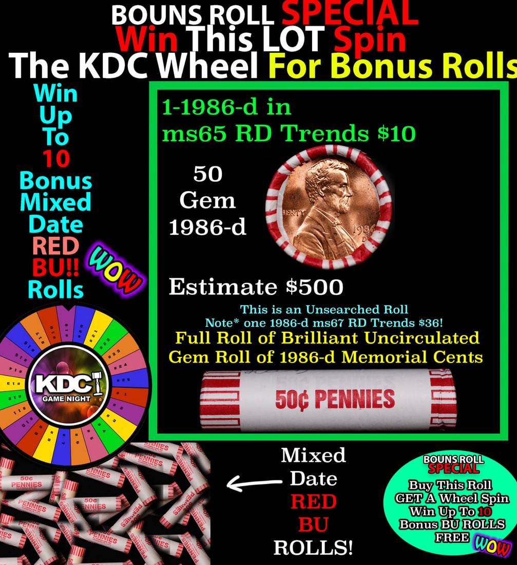 1-10 FREE BU RED Penny rolls with win of this 1986-d SOLID RED BU Lincoln 1c roll incredibly FUN: 1-10 FREE BU RED Penny rolls with win of this 1986-d SOLID RED BU Lincoln 1c roll incredibly FUN wheel. A terrific Shotgun roll of Lincoln cents in a Bank wrapper. Most if not all coins should be cher