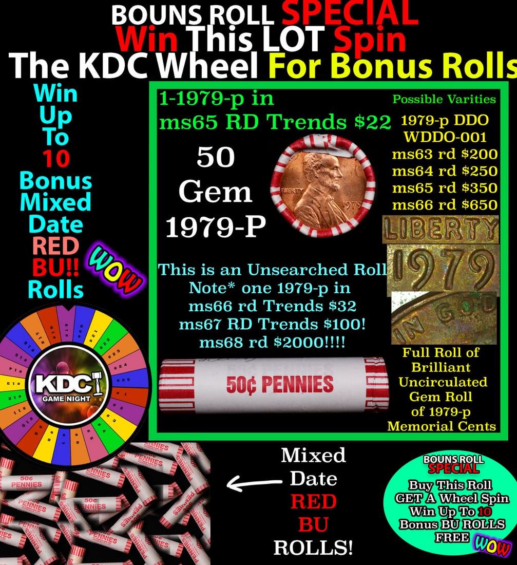 1-10 FREE BU RED Penny rolls with win of this 1979-p SOLID RED BU Lincoln 1c roll incredibly FUN: 1-10 FREE BU RED Penny rolls with win of this 1979-p SOLID RED BU Lincoln 1c roll incredibly FUN wheel. A terrific Shotgun roll of Lincoln cents in a Bank wrapper. Most if not all coins should be cher