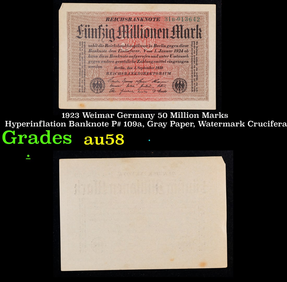 1923 Weimar Germany 50 Million Marks Hyperinflation Banknote P# 109a, Gray Paper, Watermark (1 of 3)