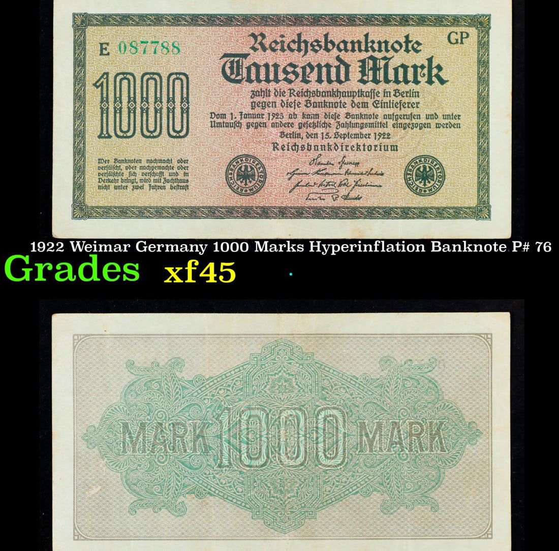1922 Weimar Germany 1000 Marks Hyperinflation Banknote P# 76 Grades xf+ (1 of 3)