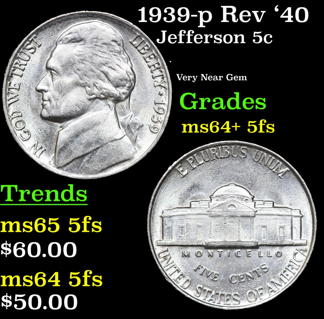 1939-p Rev '40 Jefferson Nickel 5c Grades Choice Unc+ 5fs (1 of 3)