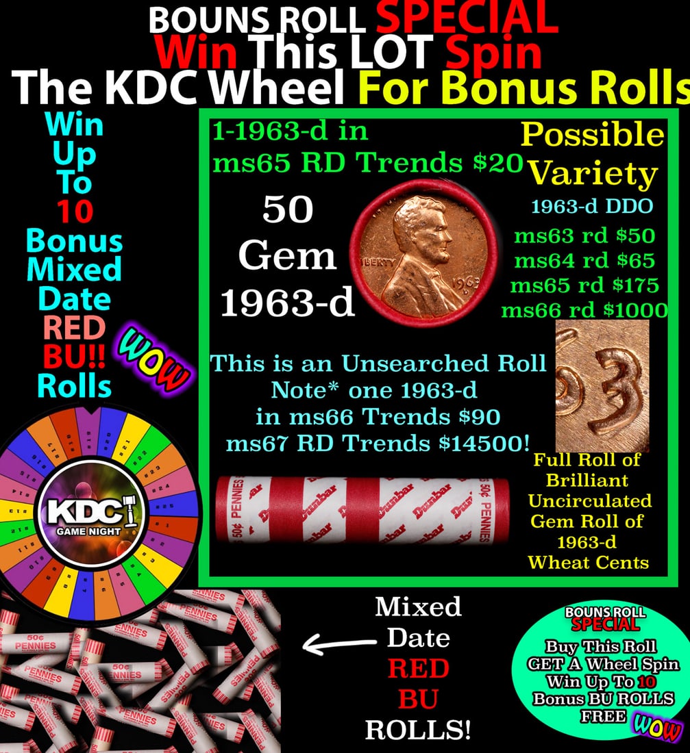 CRAZY Penny Wheel Buy THIS 1963-d solid Red BU Lincoln 1c roll & get 1-10 BU Red rolls FREE WOW (1 of 2)