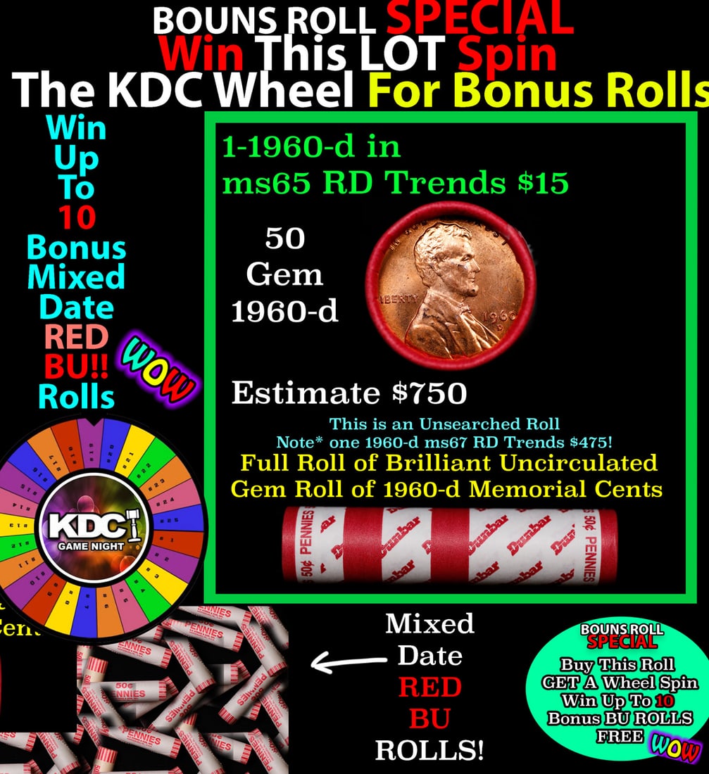 INSANITY The CRAZY Penny Wheel 1000s won so far, WIN this 1960-d BU RED roll get 1-10 FREE Grades: INSANITY The CRAZY Penny Wheel 1000s won so far, WIN this 1960-d BU RED roll get 1-10 FREE Grades. A terrific Shotgun roll of Lincoln cents in a Bank wrapper. Most if not all coins should be cherry re