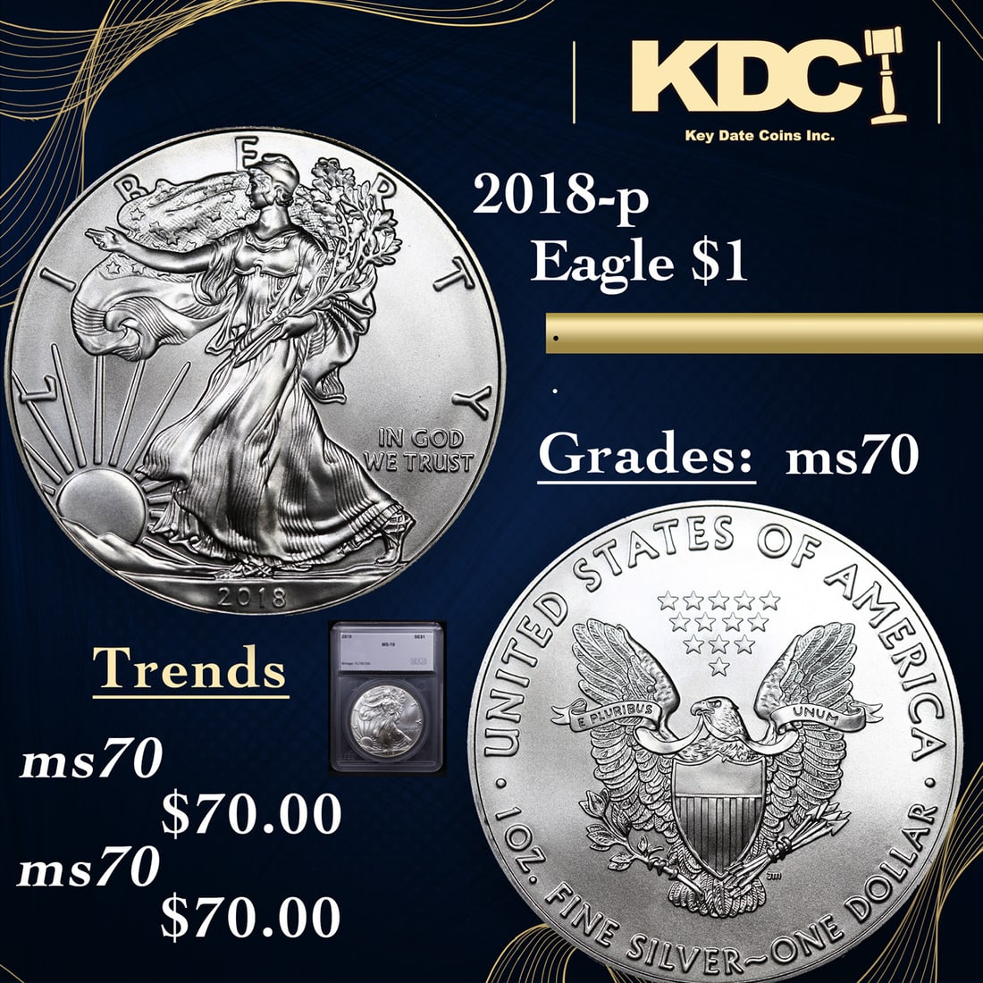 2018-p Silver Eagle Dollar $1 Graded ms70 BY SEGS (1 of 5)