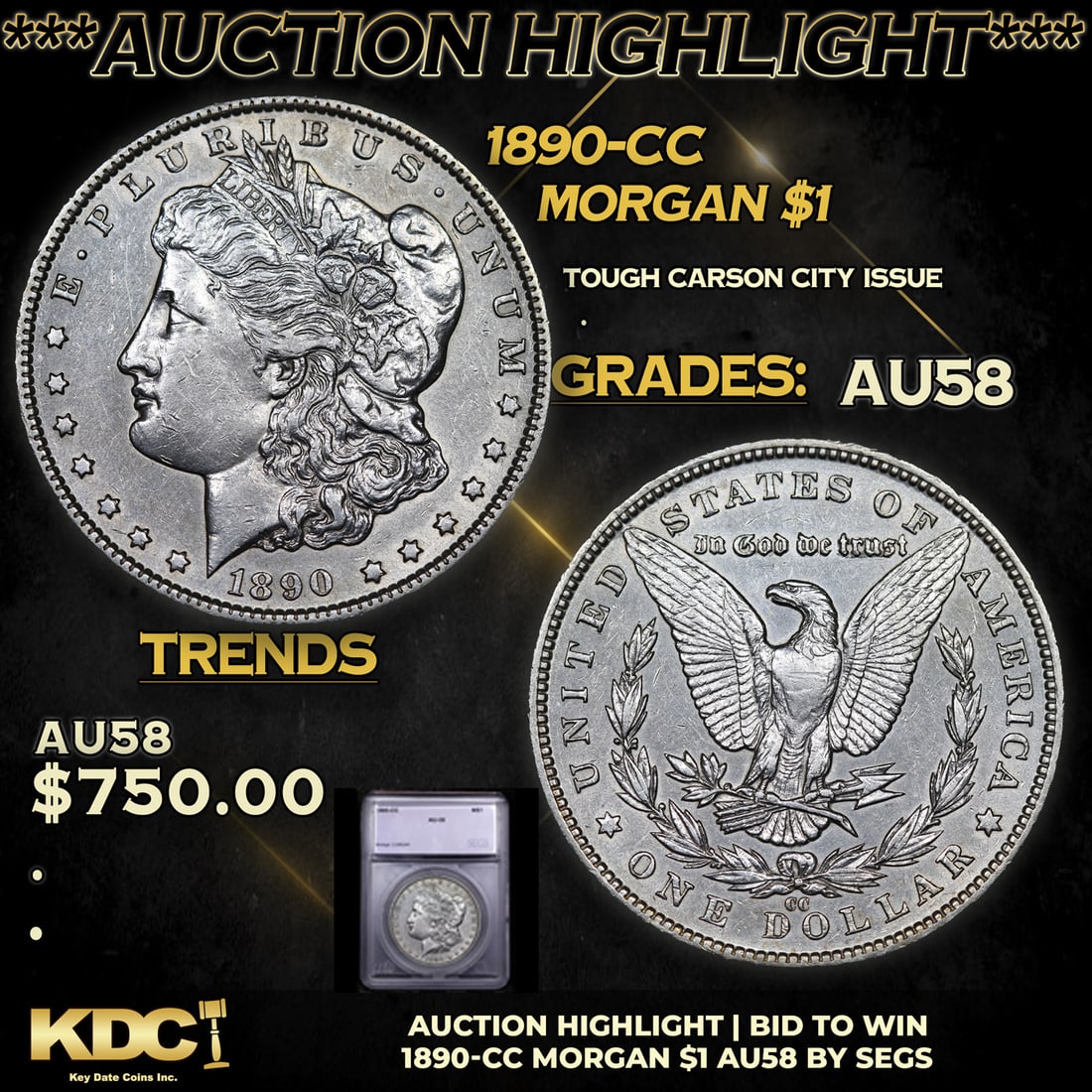 ***Auction Highlight*** 1890-cc Morgan Dollar $1 Graded au58 BY SEGS (fc) (1 of 4)