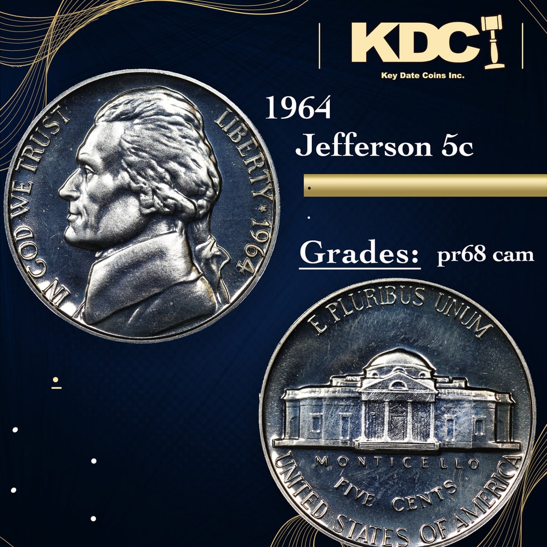 Proof 1964 Jefferson Nickel 5c Grades GEM++ Proof Cameo (1 of 3)