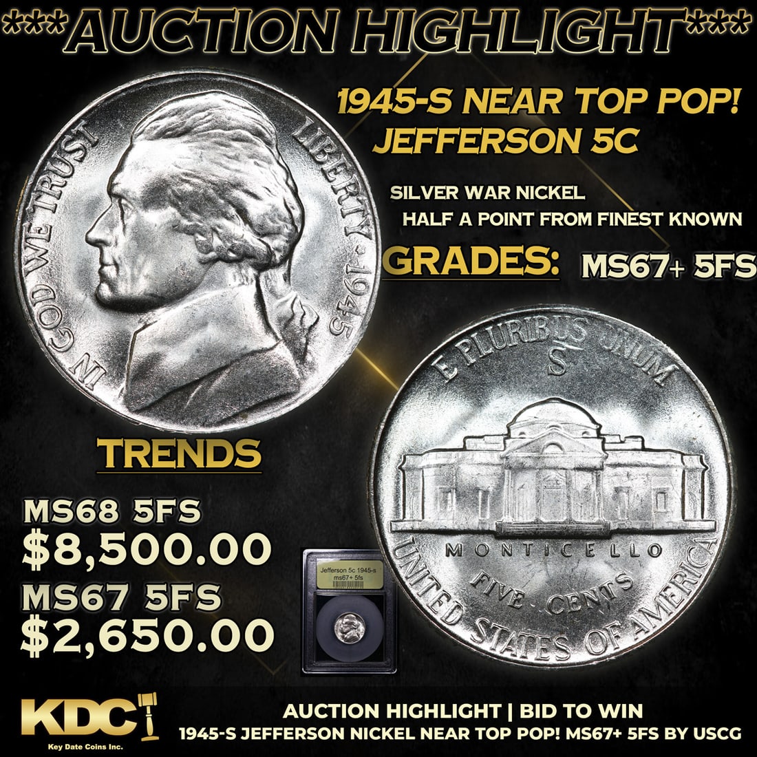 ***Auction Highlight*** 1945-s Jefferson Nickel Near TOP POP! 5c Graded GEM++ 5fs BY USCG (fc) (1 of 5)