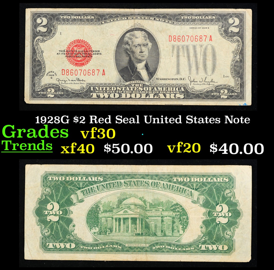 1928G $2 Red Seal United States Note Grades vf++: 1928G $2 Red Seal United States Note Grades vf++. FR-1508 Two dollar bills from the series of 1928 are called 1928 $2 legal tenders. All legal tenders have a red seal. 1928 was also the first year tha