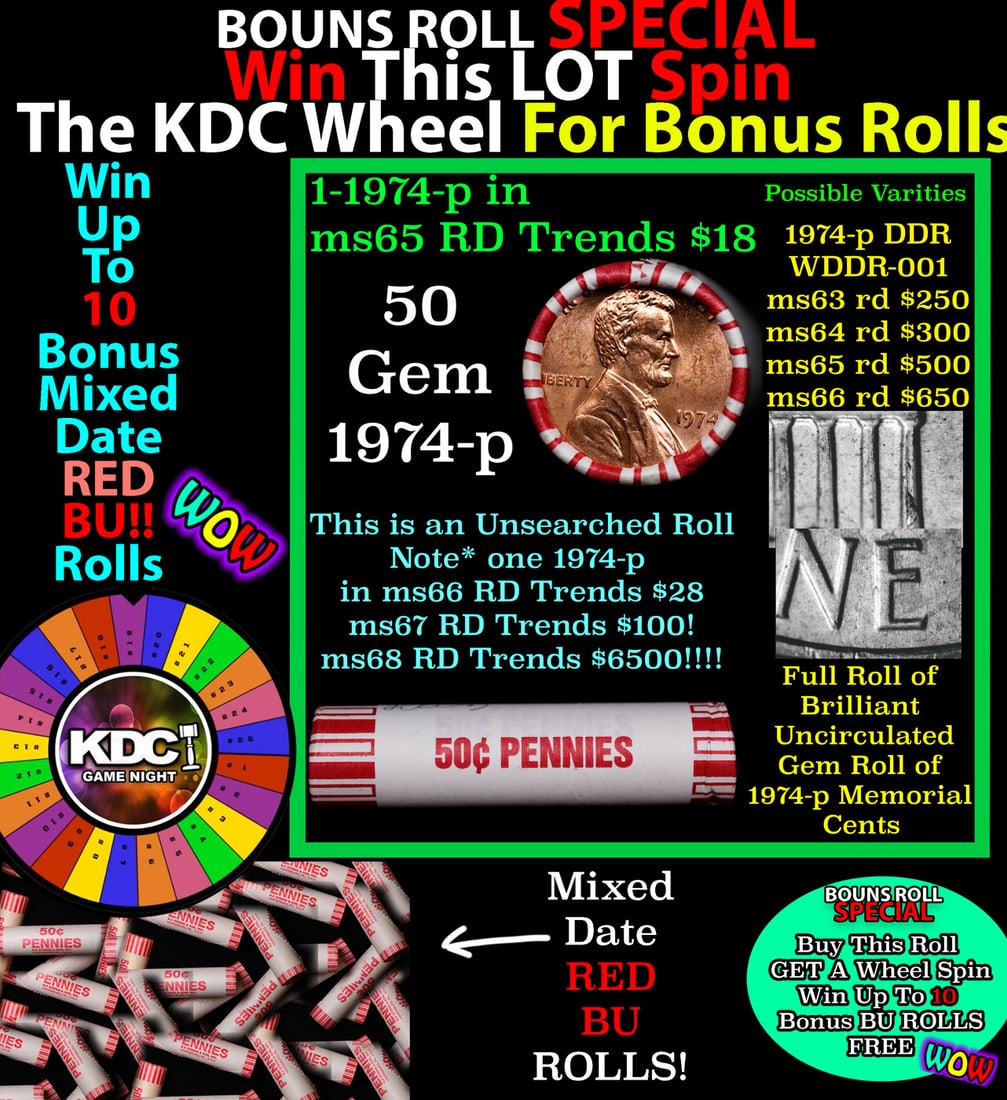 CRAZY Penny Wheel Buy THIS 1974-p solid Red BU Lincoln 1c roll & get 1-10 BU Red rolls FREE WOW: CRAZY Penny Wheel Buy THIS 1974-p solid Red BU Lincoln 1c roll & get 1-10 BU Red rolls FREE WOW. A terrific Shotgun roll of Lincoln cents in a Bank wrapper. Most if not all coins should be cherry red.