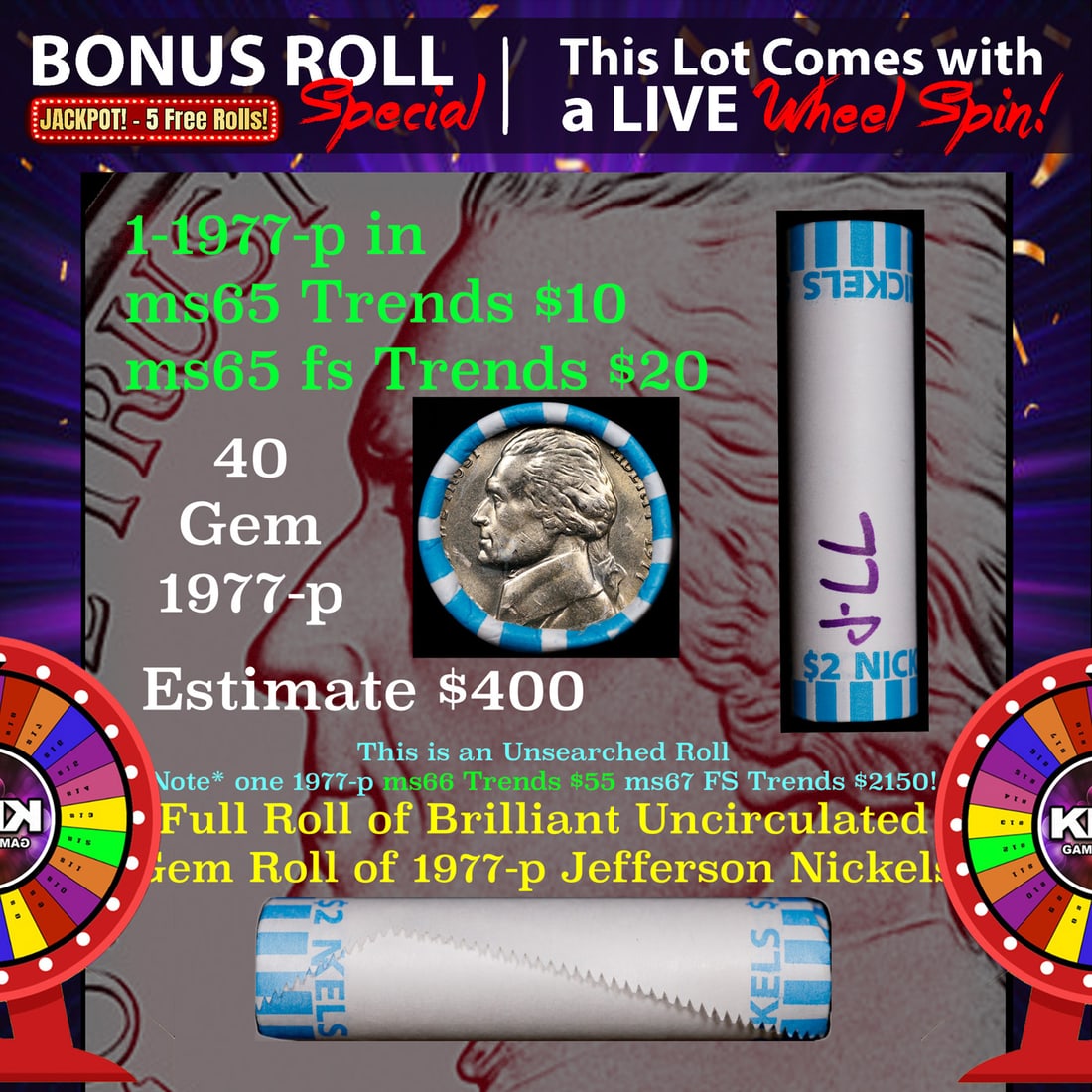 CRAZY Nickel Wheel Buy THIS 1977-p solid  BU Jefferson 5c roll & get 1-5 BU rolls FREE WOW (1 of 3)
