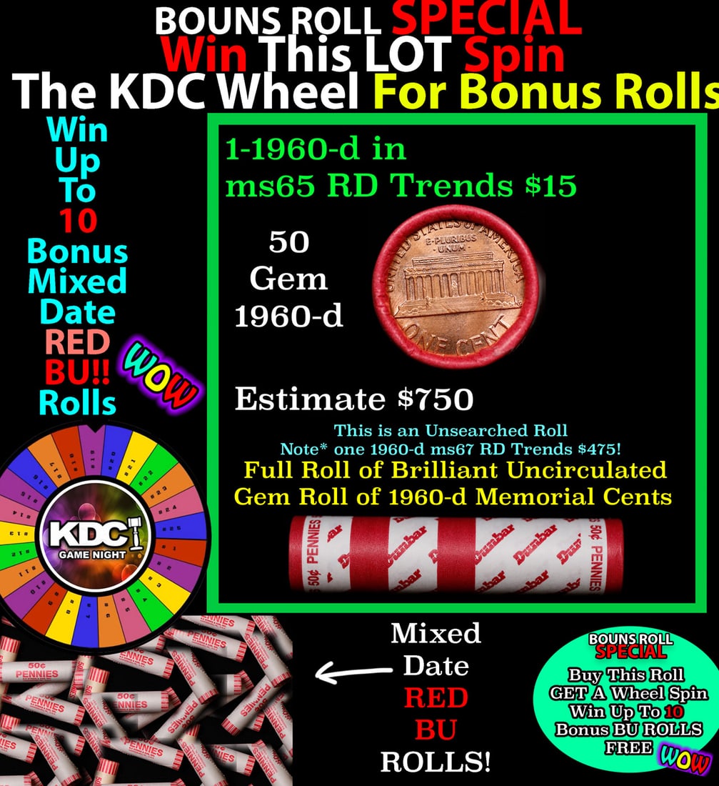 INSANITY The CRAZY Penny Wheel 1000s won so far, WIN this 1960-d BU RED roll get 1-10 FREE: INSANITY The CRAZY Penny Wheel 1000s won so far, WIN this 1960-d BU RED roll get 1-10 FREE. A terrific Shotgun roll of Lincoln cents in a Bank wrapper. Most if not all coins should be cherry red. NOTE
