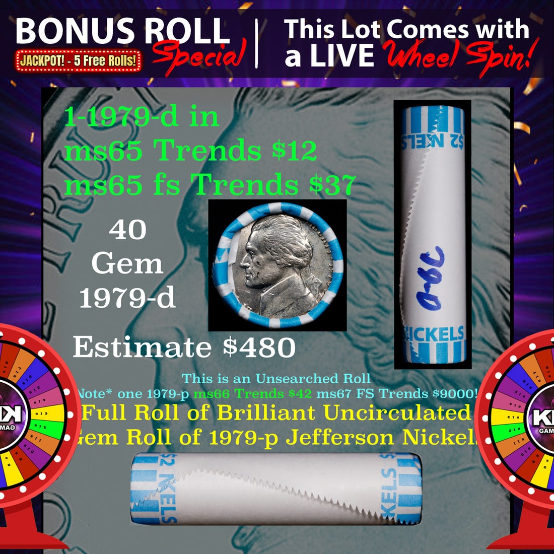 CRAZY Nickel Wheel Buy THIS 1979-d solid  BU Jefferson 5c roll & get 1-5 BU rolls FREE WOW (1 of 3)