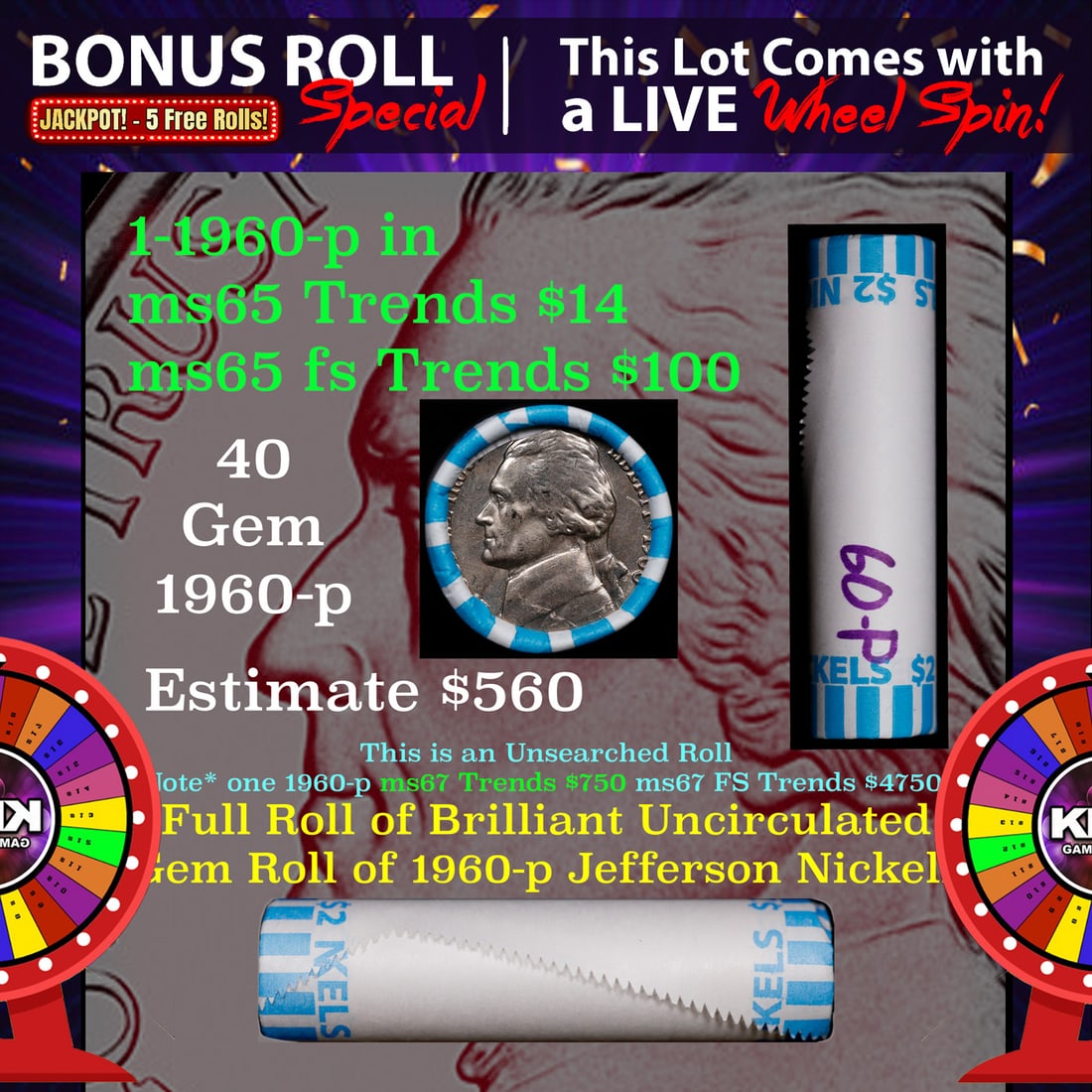 CRAZY Nickel Wheel Buy THIS 1960-p solid  BU Jefferson 5c roll & get 1-5 BU rolls FREE WOW (1 of 3)