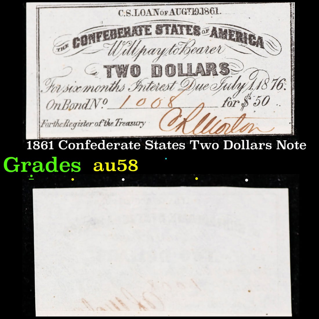 1861 Confederate States Two Dollars Note Grades Choice AU/BU Slider (1 of 3)
