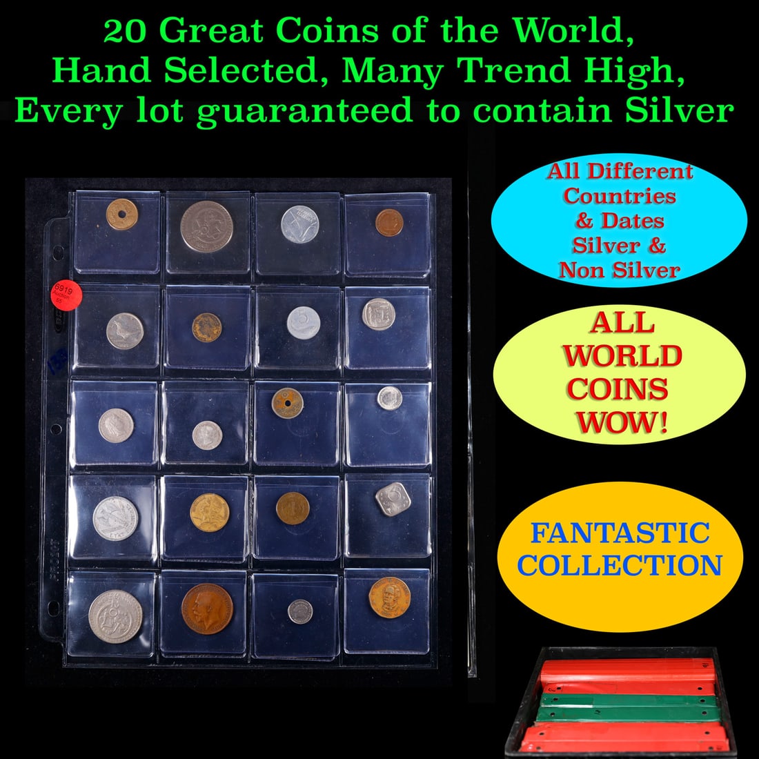 20 Great Coins of the World, hand selected, many trend high, every lot guaranteed to contain Silver.: 20 Great Coins of the World, hand selected, many trend high, every lot guaranteed to contain Silver.. We have received a huge collection of over 10 thousand US coins in flips, 2x2 holders, and 20 coin