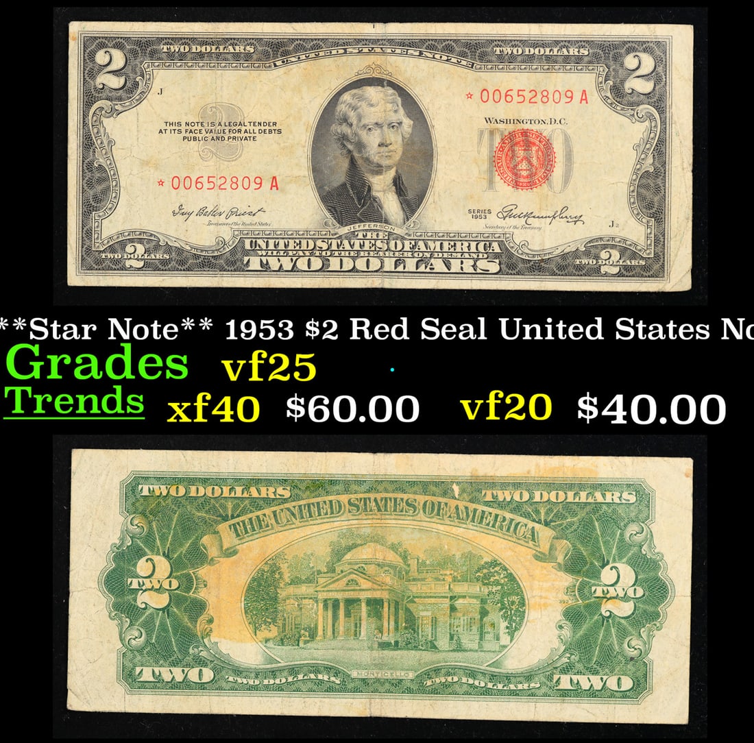 **Star Note** 1953 $2 Red Seal United States Note Grades vf+ (1 of 3)