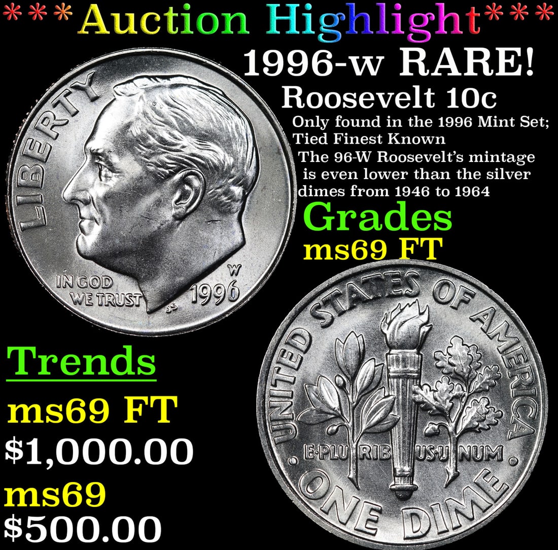 ***Auction Highlight*** 1996-w Roosevelt Dime RARE!  Top Pop! 10c Graded ms69 FT By USCG (fc) (1 of 3)