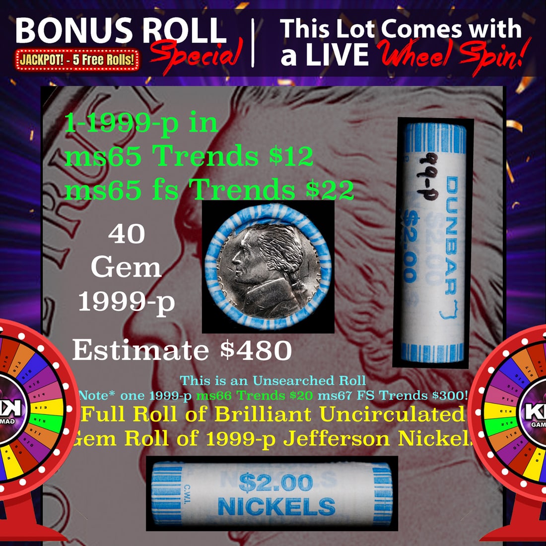CRAZY Nickel Wheel Buy THIS 1999-p solid  BU Jefferson 5c roll & get 1-5 BU rolls FREE WOW (1 of 4)