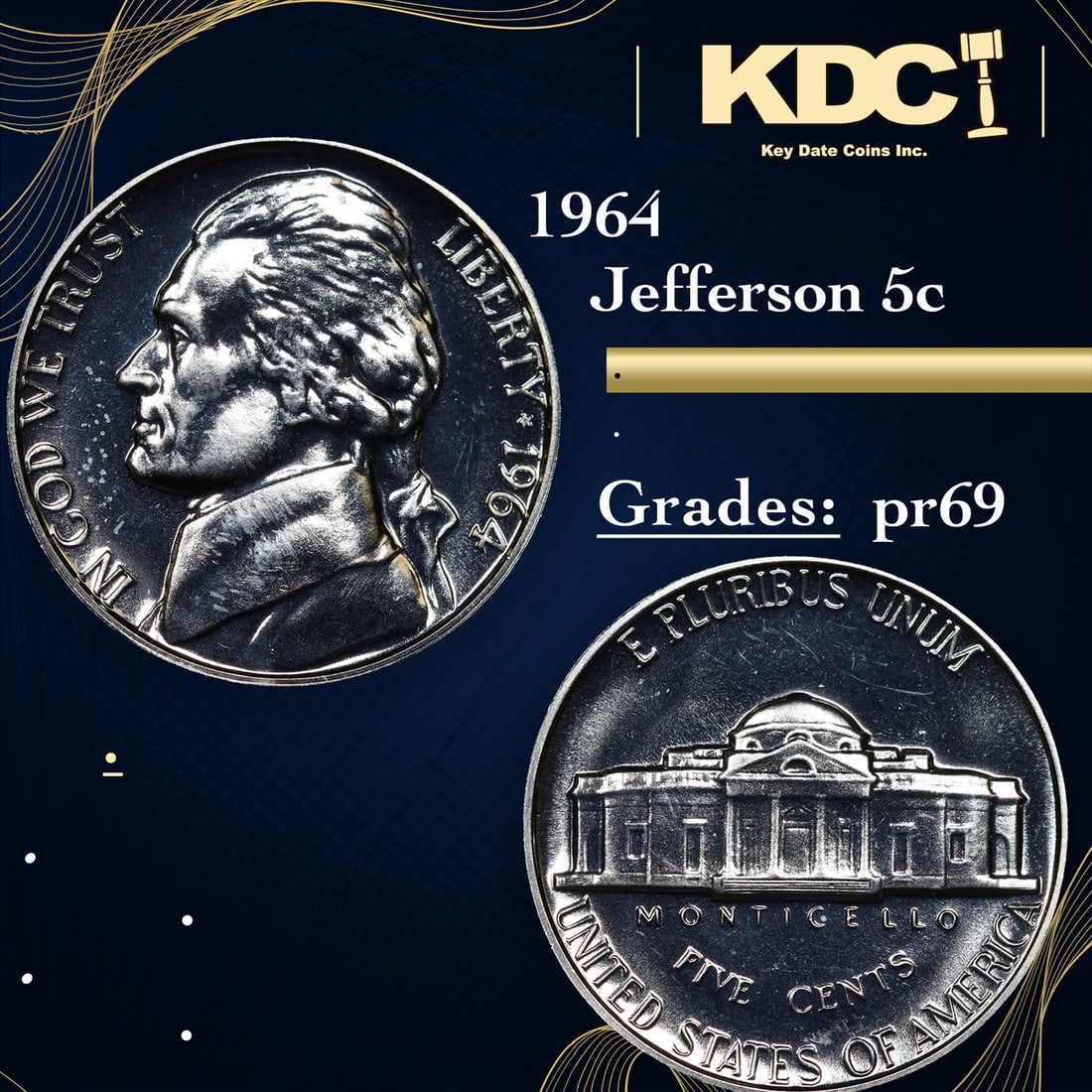 Proof 1964 Jefferson Nickel 5c Grades GEM++ Proof (1 of 3)