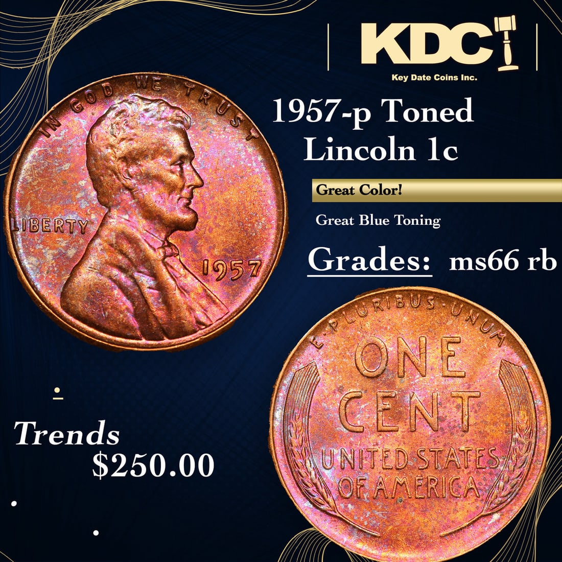 1957-p Lincoln Cent Toned 1c Grades GEM+ Unc RB (1 of 3)