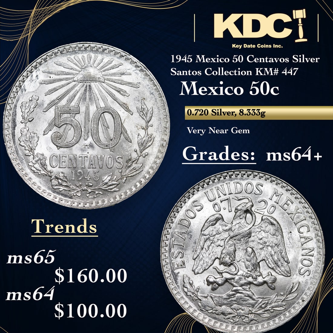 1945 Mexico 50 Centavos Silver Santos Collection KM# 447 Grades Choice+ Unc (1 of 3)