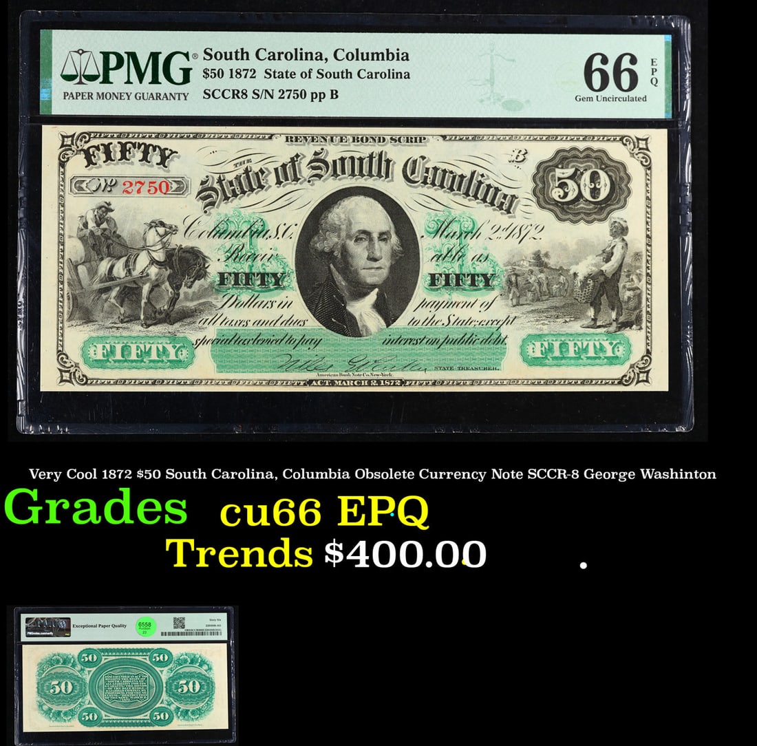 Very Cool 1872 $50 South Carolina, Columbia Obsolete Currency Note SCCR-8 George Washinton Graded (1 of 3)