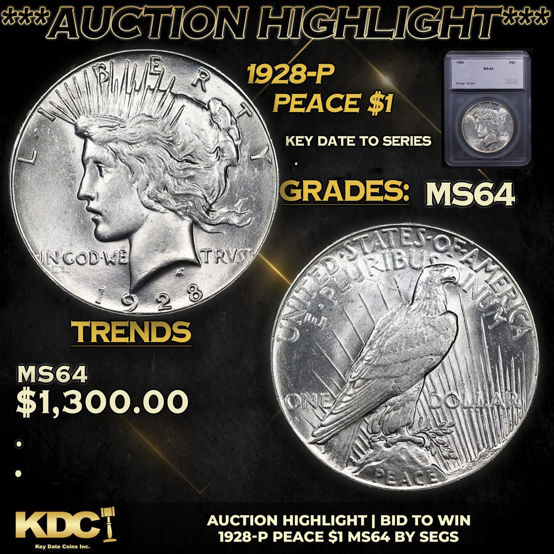 ***Auction Highlight*** 1928-p Peace Dollar 1 Graded ms64 By SEGS (fc) (1 of 5)