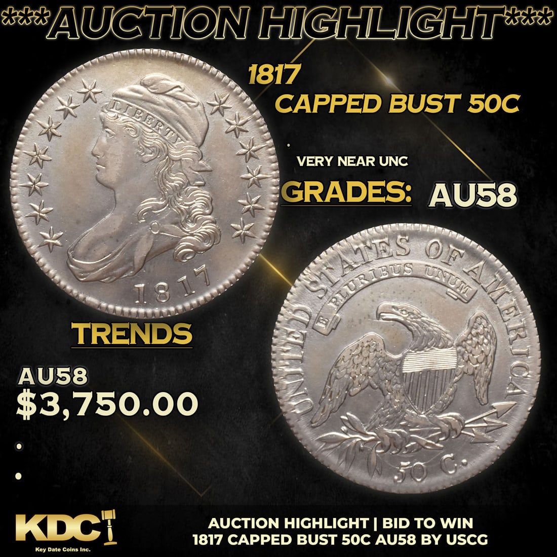 ***Auction Highlight*** 1817 Capped Bust Half Dollar 50c Graded Choice AU/BU Slider By USCG (fc) (1 of 5)