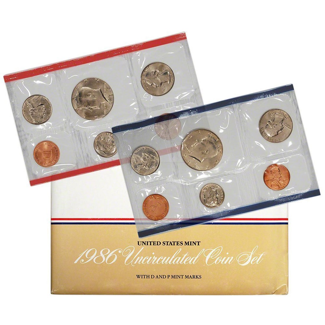 1986 United States Mint Set in Original Government Packaging: 1986 United States Mint Set in Original Government Packaging. Contains both the entire Philadelphia and Denver Issues for 1986. Includes 2 Kennedy halves.