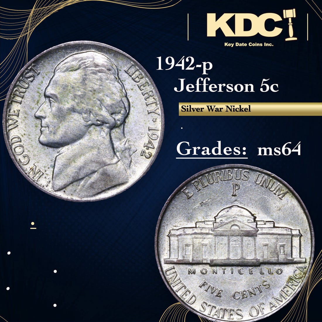 1942-p Jefferson Nickel 5c Grades Choice Unc (1 of 3)