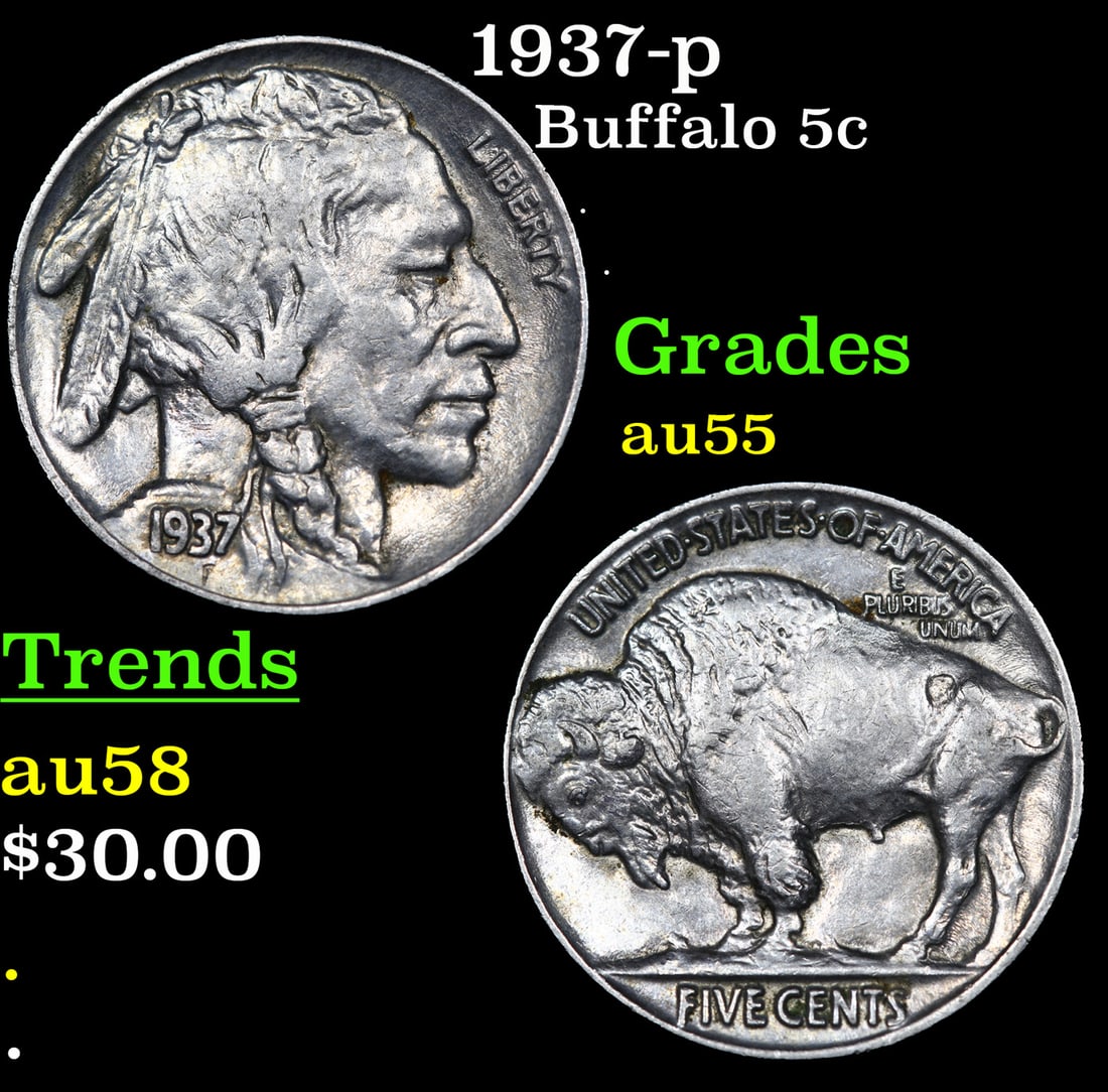1937-p Buffalo Nickel 5c Grades Choice AU (1 of 3)