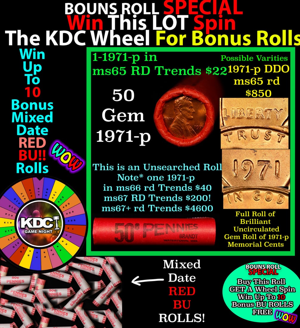 1-10 FREE BU RED Penny rolls with win of this 1971-p SOLID RED BU Lincoln 1c roll incredibly FUN: 1-10 FREE BU RED Penny rolls with win of this 1971-p SOLID RED BU Lincoln 1c roll incredibly FUN wheel. A terrific Shotgun roll of Lincoln cents in a Bank wrapper. Most if not all coins should be cher