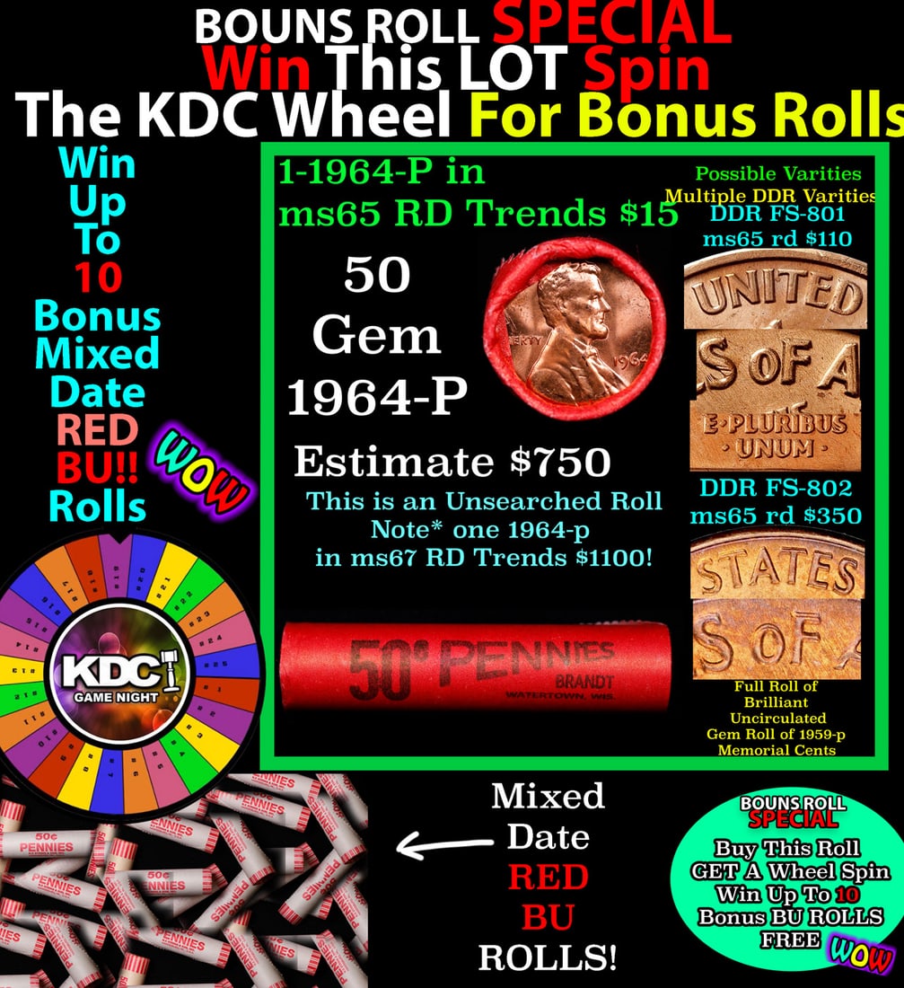 1-10 FREE BU RED Penny rolls with win of this 1961-d SOLID RED BU Lincoln 1c roll incredibly FUN (1 of 2)