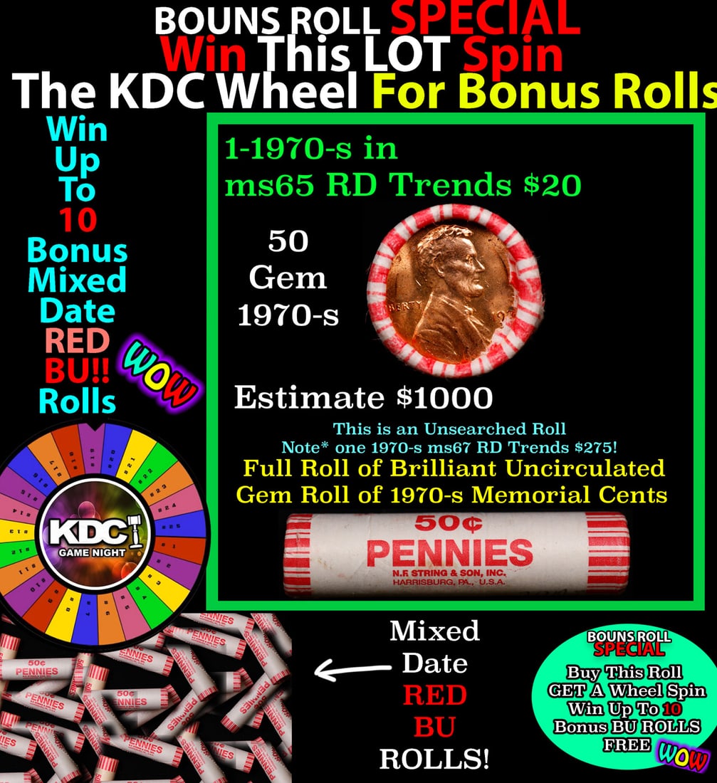 INSANITY The CRAZY Penny Wheel 1000s won so far, WIN this 1970-s BU RED roll get 1-10 FREE: INSANITY The CRAZY Penny Wheel 1000s won so far, WIN this 1970-s BU RED roll get 1-10 FREE. A terrific Shotgun roll of Lincoln cents in a Bank wrapper. Most if not all coins should be cherry red. NOTE